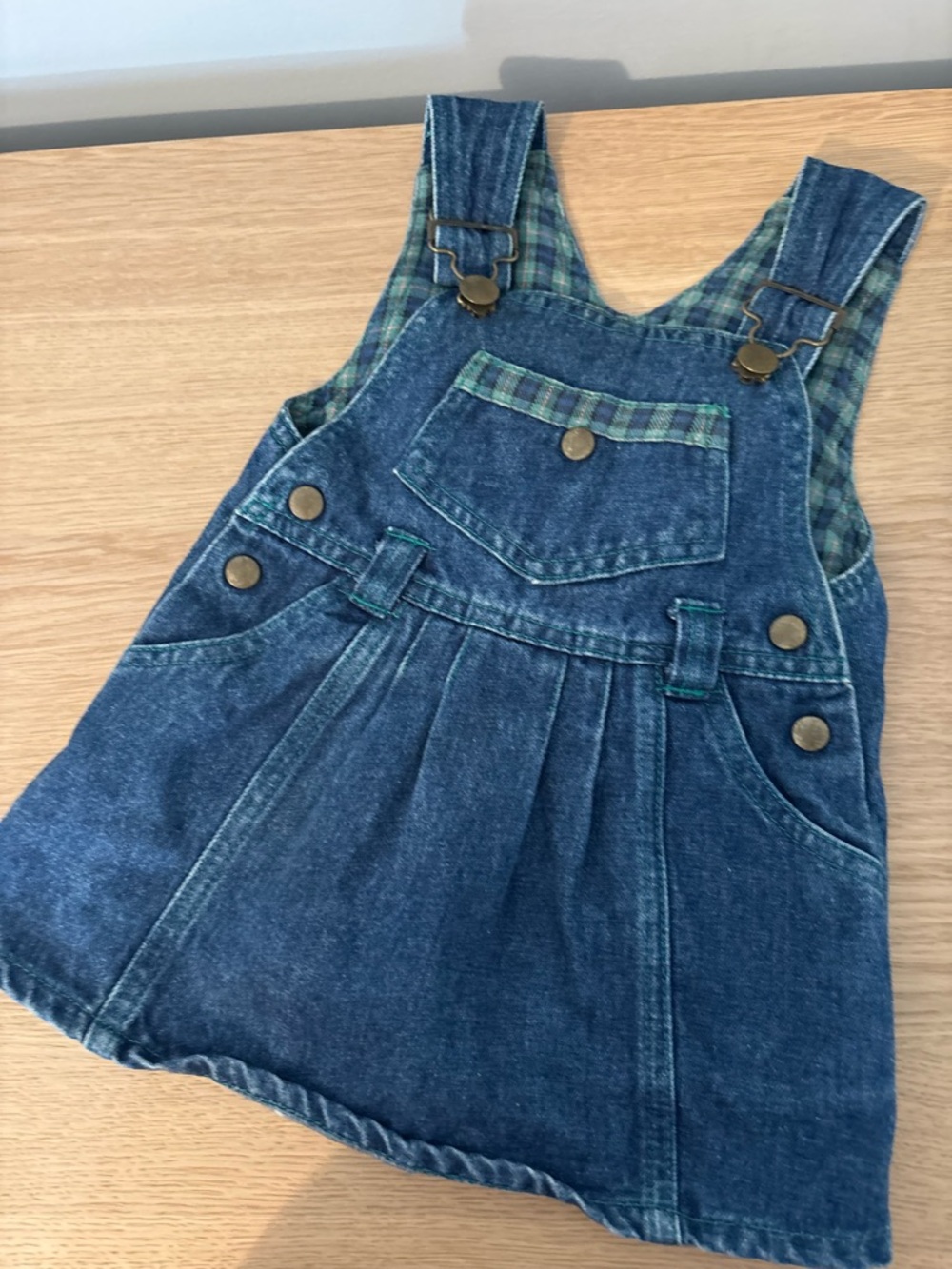 VINTAGE Denim Girl's Overall Dress with Green Plaid Trim